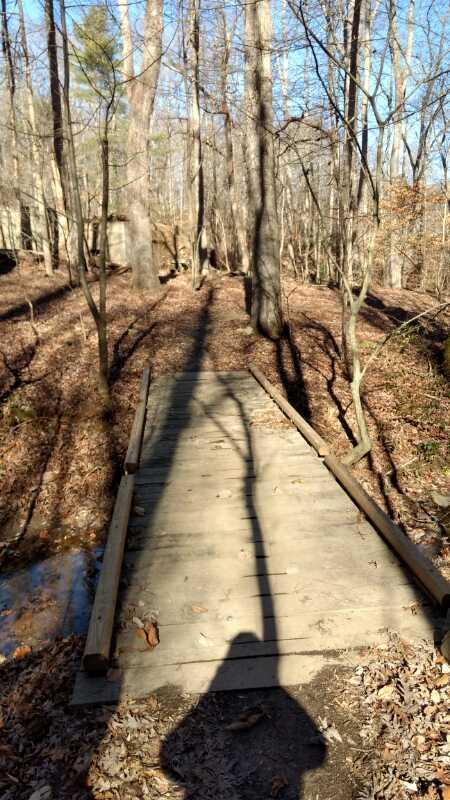 A wooden footbridge crossing a small stream in a wooded area, surrounded by tall trees and scattered autumn leaves on the ground. The sunlight casts long shadows across the bridge and pathway. Chicopee Woods mountain bike trail.