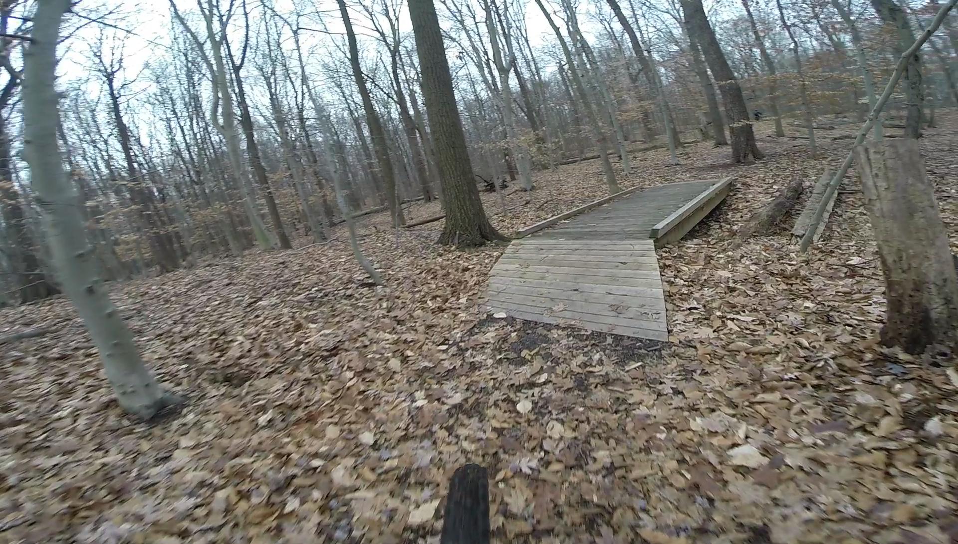 A view of a wooded trail with a wooden bridge crossing over a leaf-covered ground. The scene captures the essence of a winter forest, with bare trees and fallen leaves surrounding the bridge, creating a serene outdoor environment. Long Pond mountain bike trail.