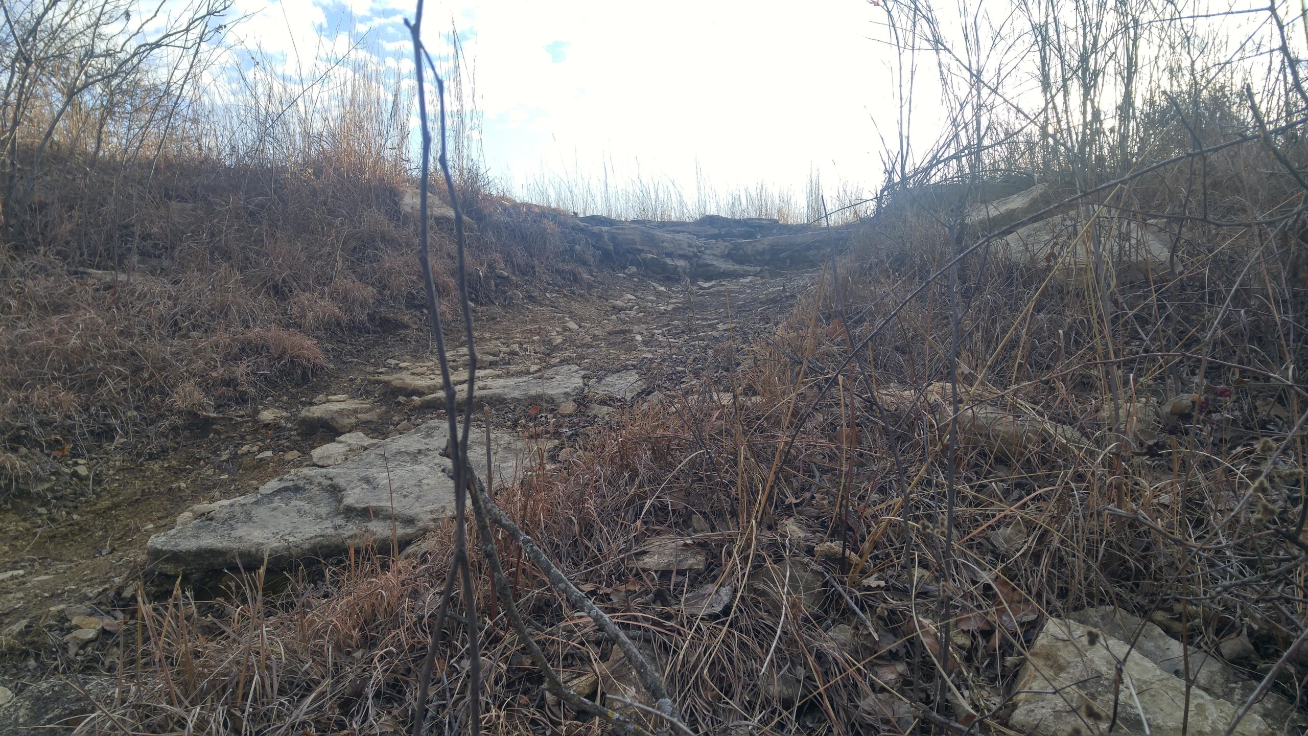 A rocky path winding through dry grasses and shrubs, under a cloudy sky. The ground is uneven, with exposed rocks and sparse vegetation, suggesting a natural landscape. Camp Horizon mountain bike trail.