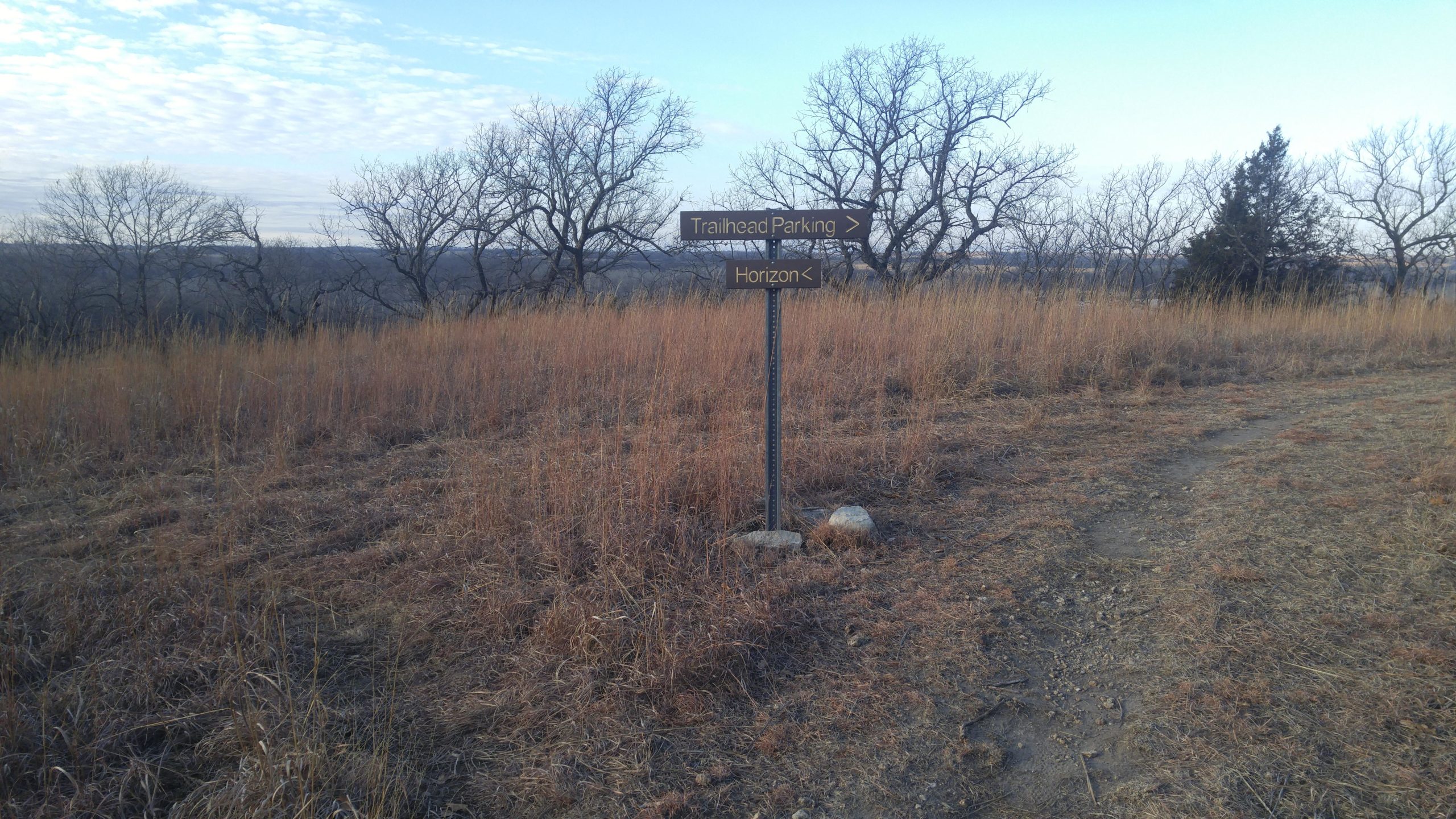 Signpost indicating directions to "Trailhead Parking" and "Horizon," surrounded by tall grass and bare trees under a cloudy sky. Camp Horizon mountain bike trail.