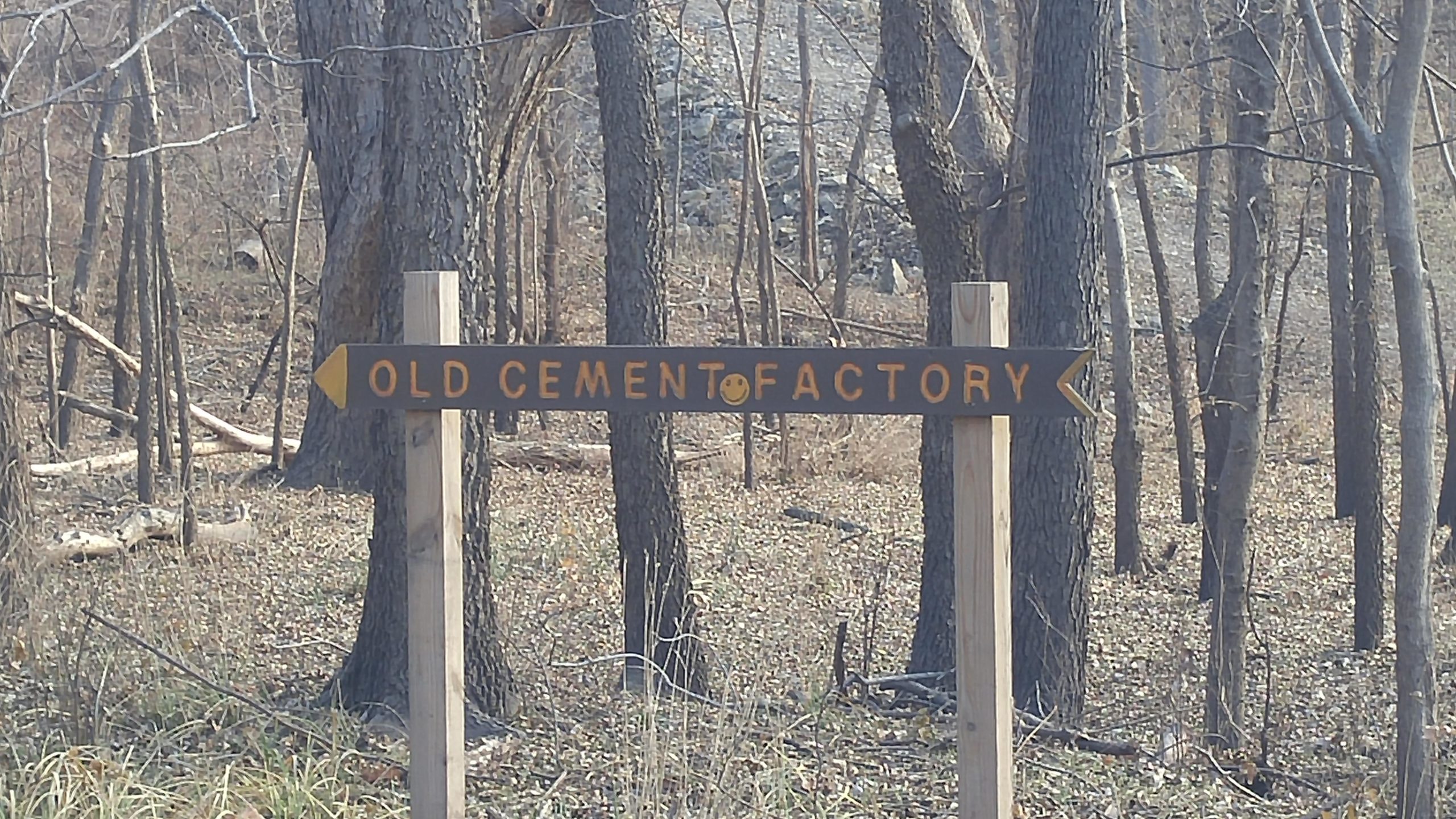 A wooden signpost indicating directions to an old cement factory, with arrows pointing to the left and right. The background features a wooded area with trees and sparse underbrush. Camp Horizon mountain bike trail.