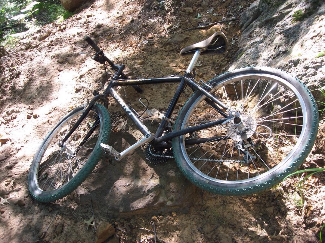 Giant Iguana: A black mountain bike lies on a dirt trail surrounded by greenery, with one tire partially elevated on a rock. The bike's handlebars are turned and the seat is pointed towards the ground, suggesting it has been left or fallen on the trail. Sunlight filters through the trees, casting dappled shadows on the ground.