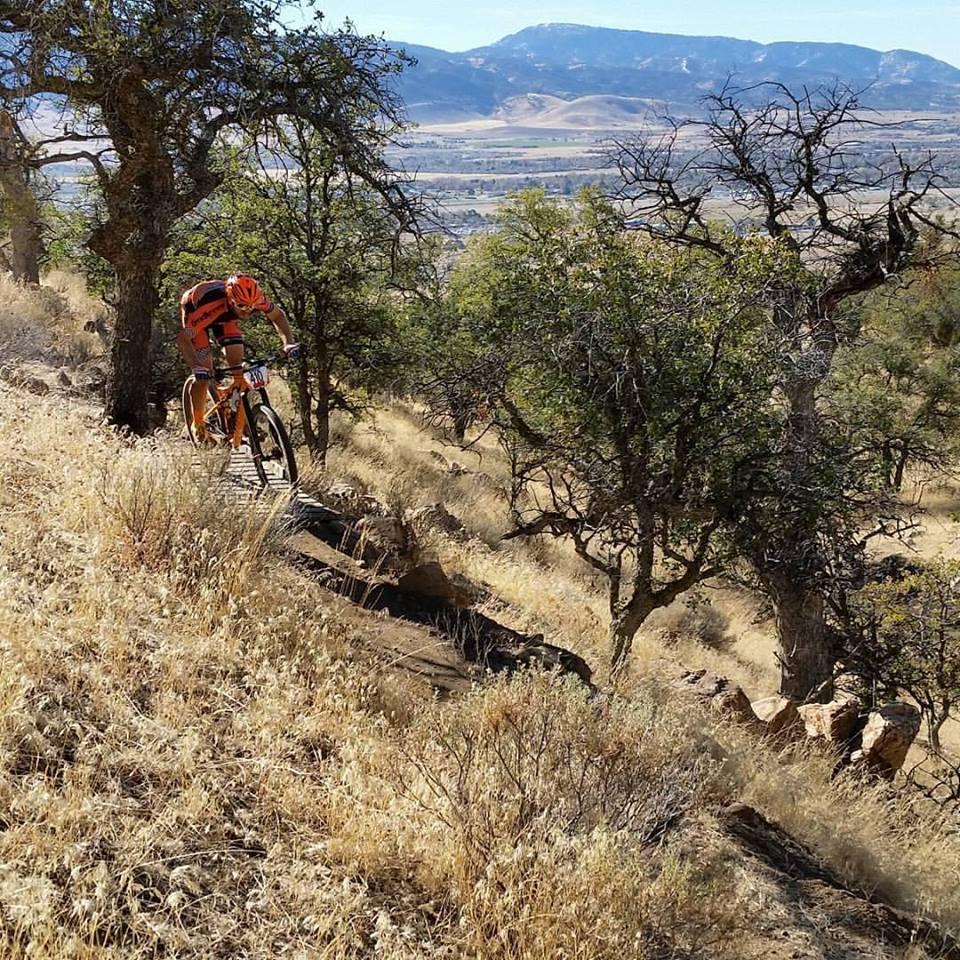 A mountain biker navigates a rocky trail surrounded by shrubs and trees, with a vast valley and mountains visible in the background under clear blue skies. TMTA Lehigh trails mountain bike trail.