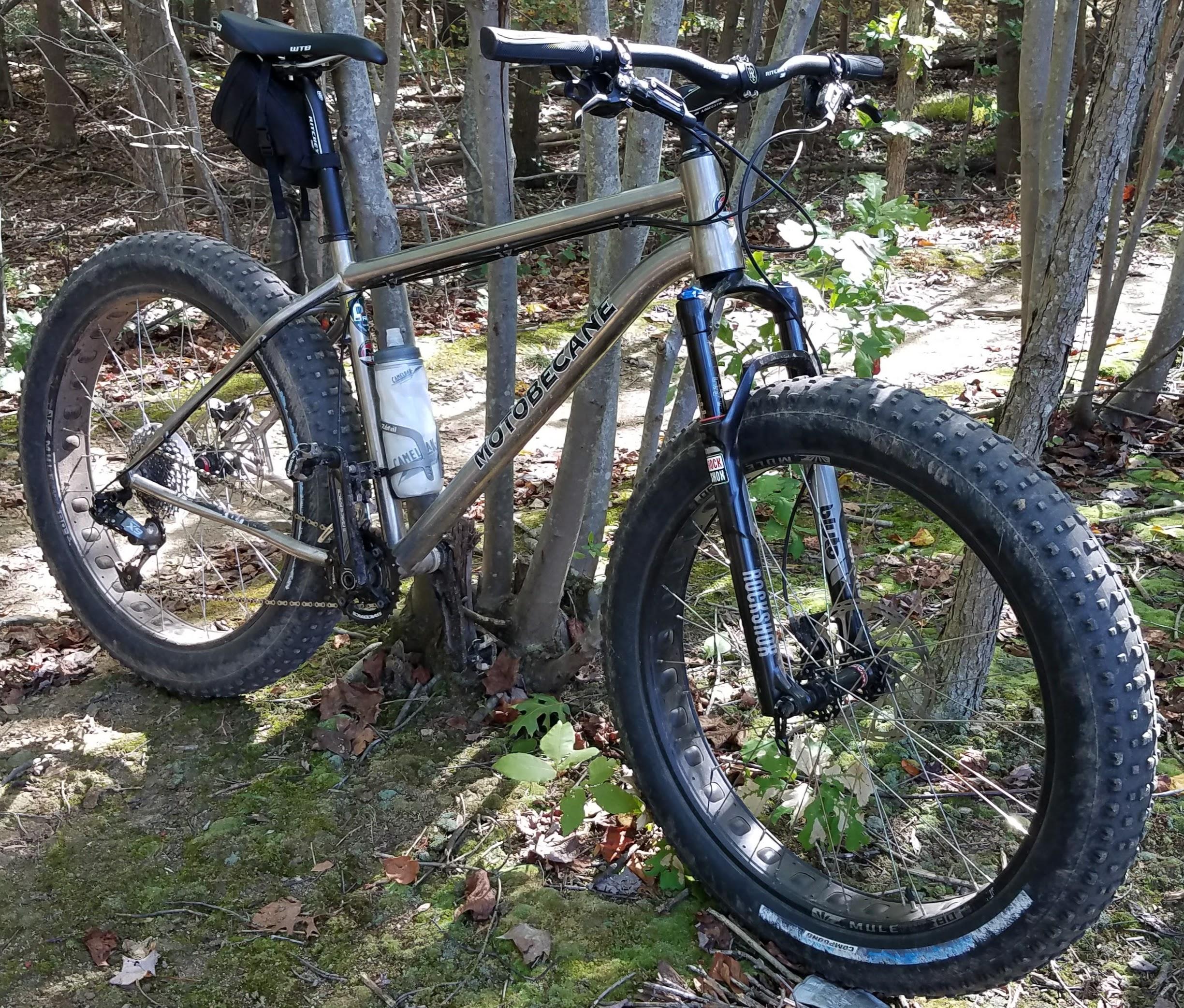 Motobecane NightTrain Bullet: A fat bike with a metallic frame and wide tires is leaning against a tree in a forested area. A water bottle is attached to the bike frame, and the ground is covered with leaves and moss. The background features a mix of trees and foliage.