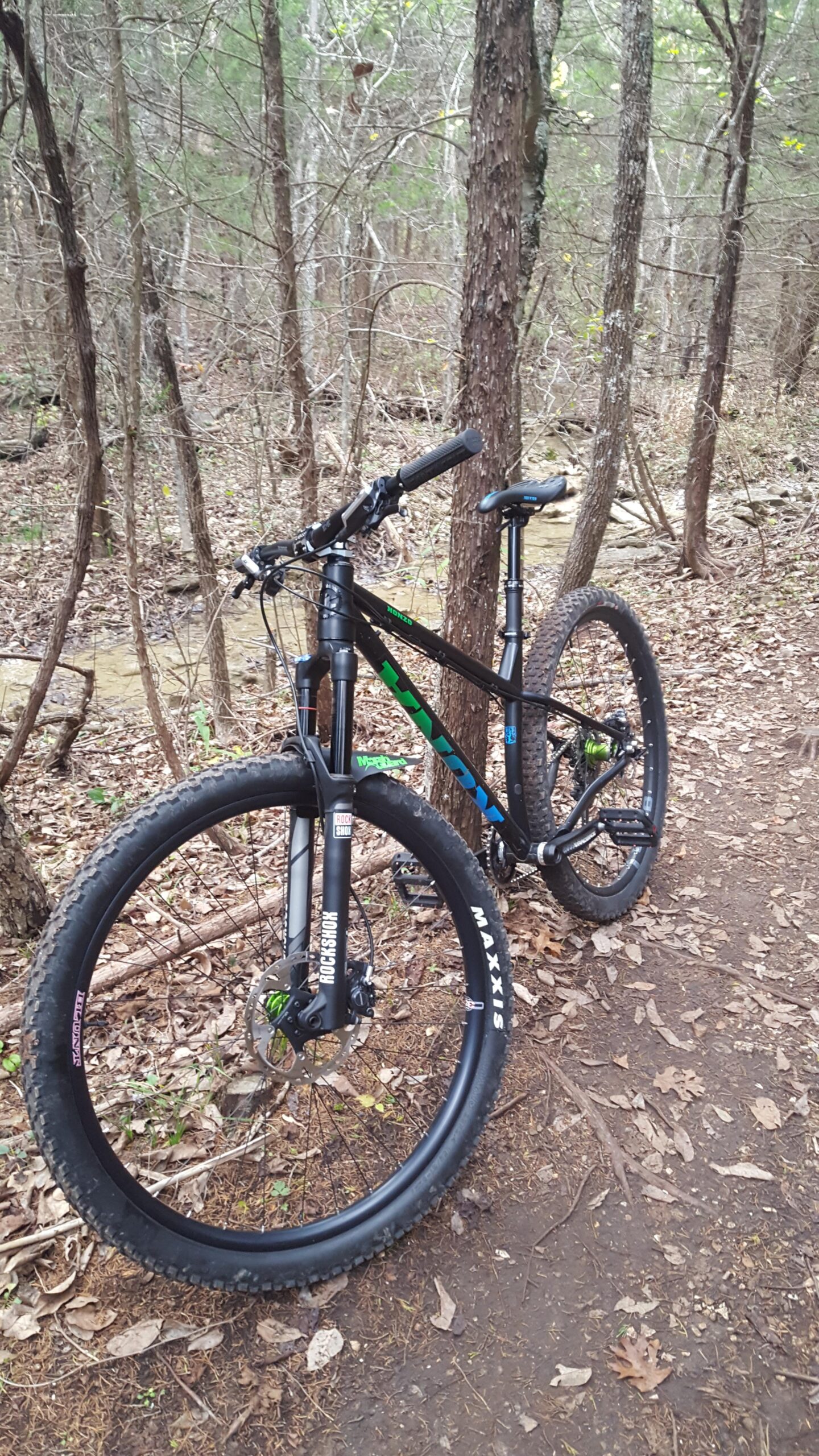 Kona Honzo: A black mountain bike with green and blue accents is leaning against a tree in a wooded area. The bike features thick tires and a sturdy frame, surrounded by fallen leaves and sparse vegetation. The trail is visible in the background, leading deeper into the forest.