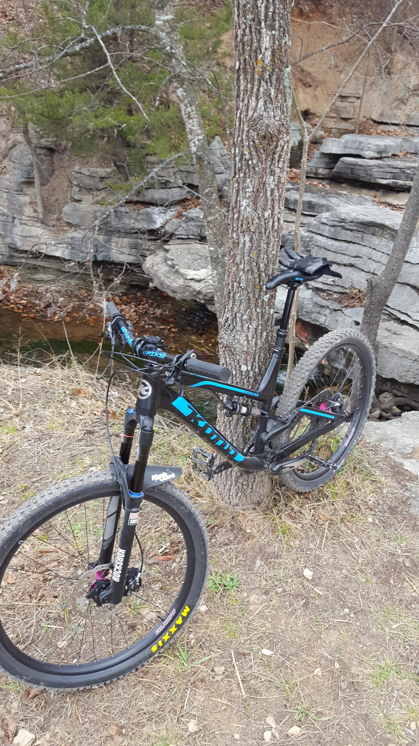 Kona Process 134 DL: A mountain bike leaned against a tree, located near a rocky area by a small stream. The bike features a blue and black frame with distinct branding on the handlebars and tires. The surrounding landscape includes rocky terrain and sparse vegetation.