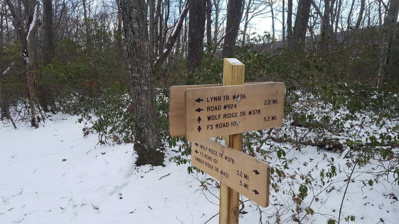 A wooden signpost with multiple arrows indicating trail directions in a snowy forest. The sign lists trails such as Lynn Trail #436, Wolf Ridge Trail #378, and FS Road 101, along with their respective distances in miles. Surrounding the sign are trees and low shrubs, typical of a woodland environment. Reddish Knob mountain bike trail.