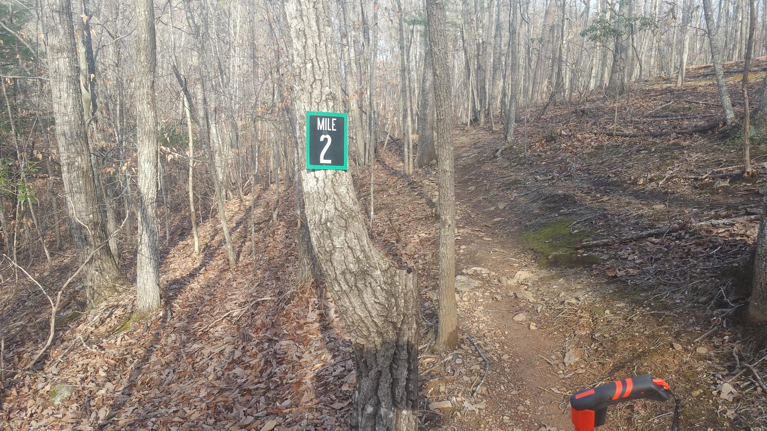 Mile marker indicating "Mile 2" on a trail surrounded by trees, with fallen leaves and a rocky pathway visible. Mountain Laurel Trails mountain bike trail.