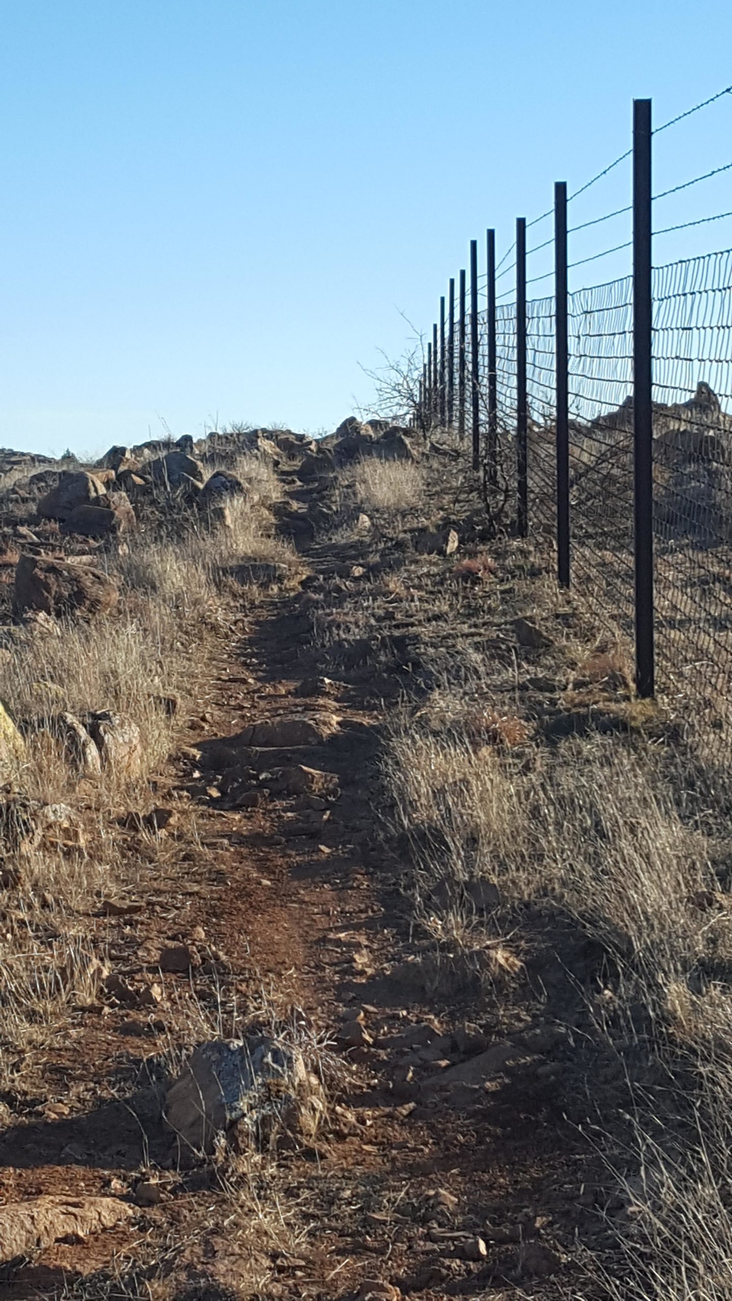 A dirt path lined with a wire fence leads up a rocky hillside, with sparse grass and small stones scattered along the ground. The sky is clear and blue, indicating a sunny day. Lake Lawtonka Trails mountain bike trail.