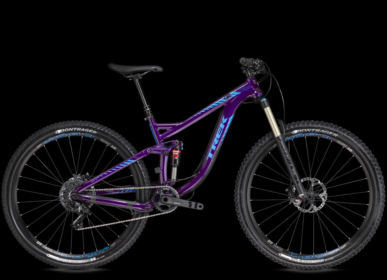 Trek Remedy 9: A purple mountain bike with a sleek design, featuring a sturdy aluminum frame, front suspension fork, and wide tires. The bike is set against a black background, highlighting its vibrant color and detailed components.