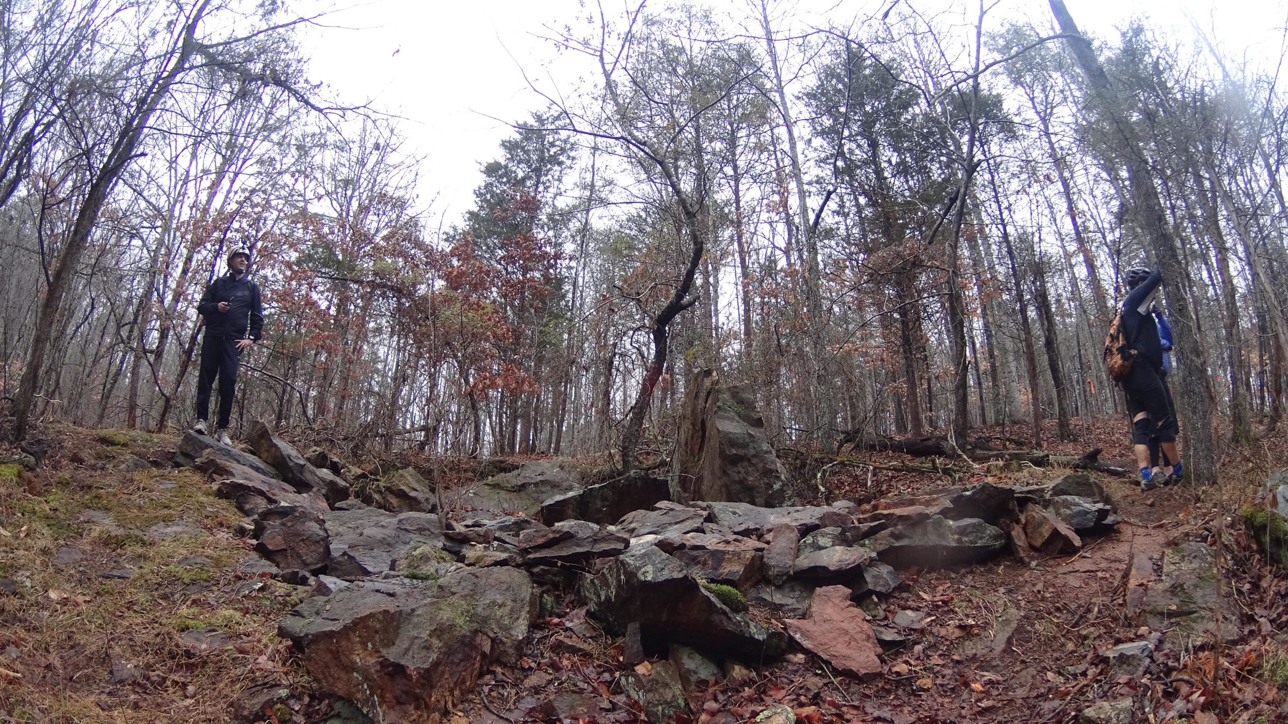 A misty forest scene featuring two hikers on a rocky trail. One hiker stands on a boulder, looking around, while the other is further along the path, dressed in athletic gear with a backpack. The background is filled with bare trees and scattered rocks, suggesting an overcast and damp day. Mountain Laurel Trails mountain bike trail.