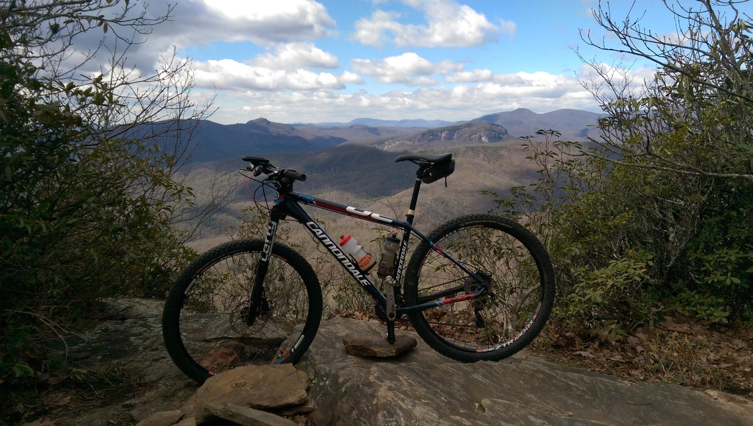 Cannondale f29 1 Alloy: A mountain bike resting on a rocky outcrop, overlooking a scenic landscape of rolling hills and distant mountains under a partly cloudy sky. The bike features a black frame with colorful accents and a water bottle attached, surrounded by shrubs and trees. The vast terrain in the background showcases a mix of evergreen and deciduous foliage, indicating a natural outdoor setting, perfect for biking.