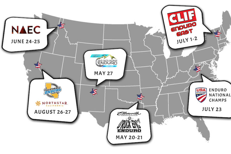 Map of the United States highlighting various upcoming Enduro events, each marked with speech bubbles containing event names and dates: NAEC (June 24-25), Big Mountain Enduro (May 27), Clif Enduro East (July 1-2), Enduro National Champs (July 23), and California Enduro at Northstar (August 26-27).