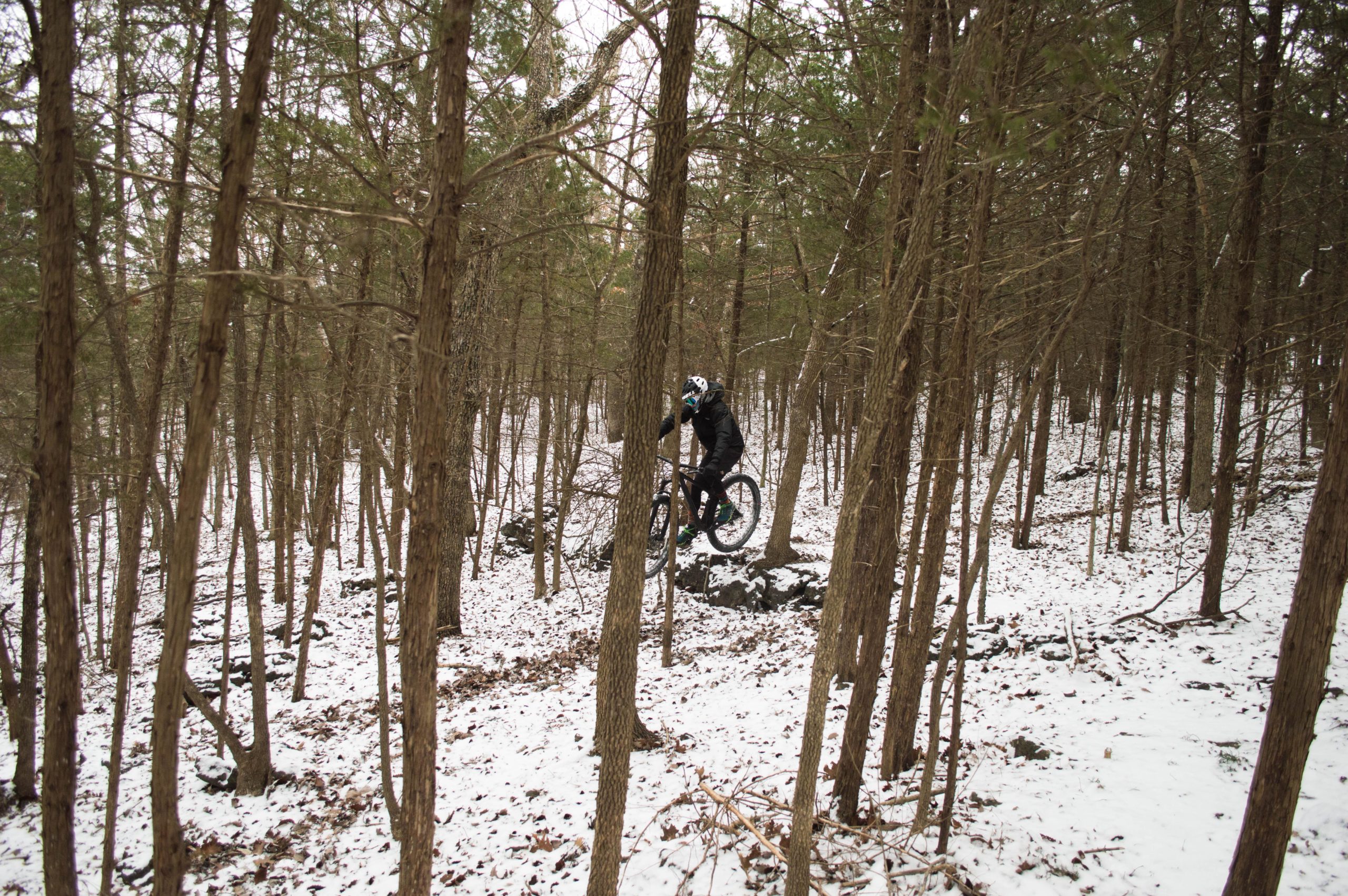 A person mountain biking through a snowy forest, navigating between trees while riding over a rocky area. Bittersweet mountain bike trail.