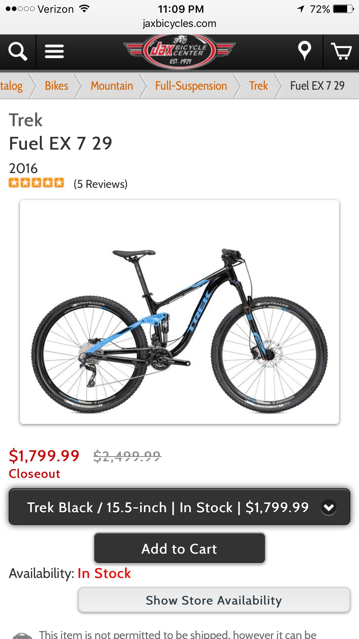 Trek Fuel EX 7 29: A black and blue Trek Fuel EX 7 29 mountain bike from the year 2016, displayed on a website with a price tag of $1,799.99. The bike features full suspension and is highlighted as a closeout item. The screen indicates that it is in stock and available for purchase.