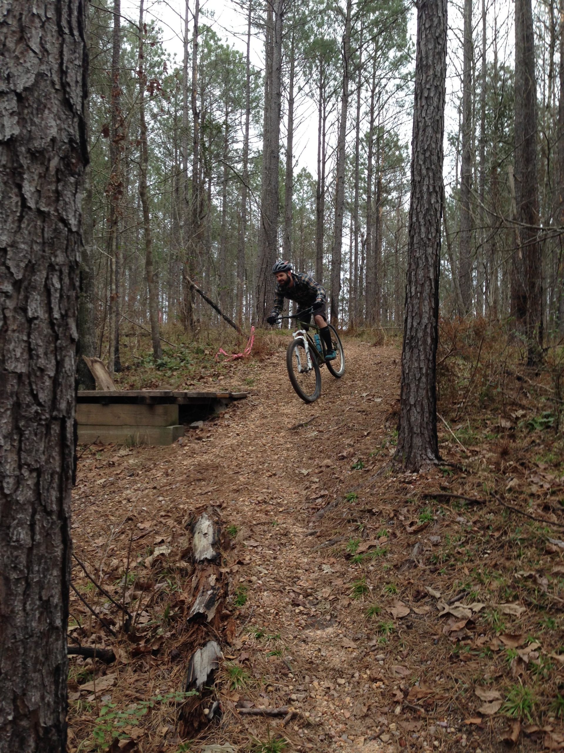 A mountain biker jumps off a small ramp on a dirt trail, surrounded by tall trees and greenery. The rider wears a helmet and a patterned jacket, showcasing a moment of excitement and skill in a forested setting. Mt. Zion Bike Trails mountain bike trail.