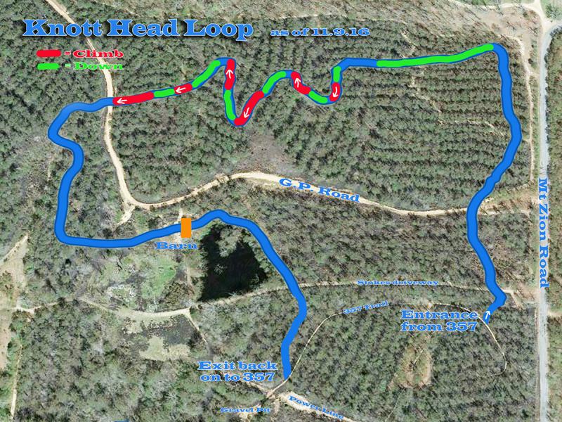 **Alt text:** A map of the Knott Head Loop trail showing the route, with indications for climbing (red lines) and descending (green lines), surrounding wooded areas, and marked features like the barn and nearby roads. The date noted is as of September 2016. Mt. Zion Bike Trails mountain bike trail.