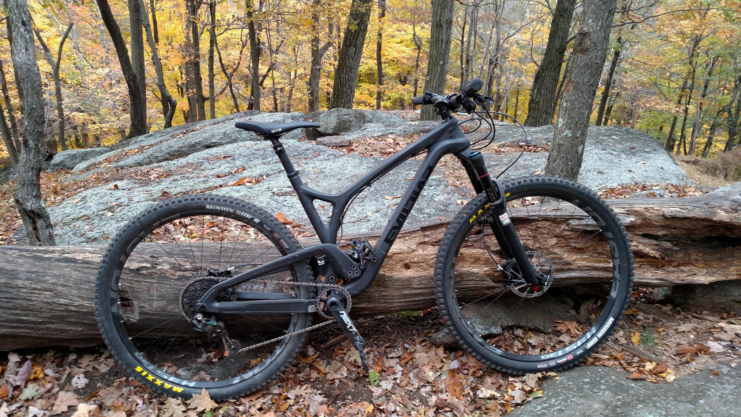 Evil The Following: A mountain bike resting against a fallen log in a wooded area, surrounded by autumn foliage. The bike features a sleek black frame, thick tires, and a visible drivetrain, with a rocky background enhancing the outdoor setting.