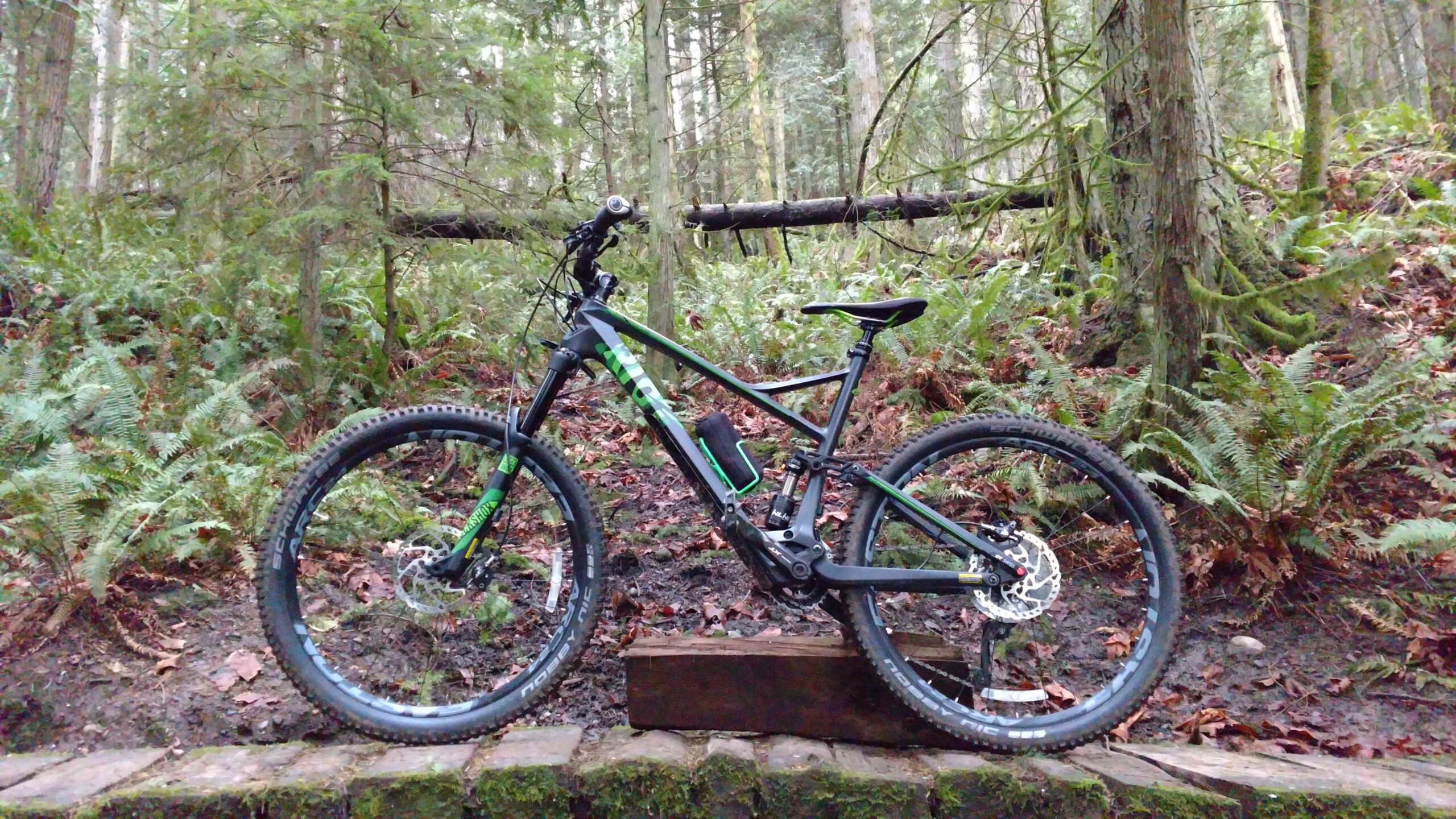 Ghost Riot LT 8: A black and green mountain bike is positioned on a wooden platform in a forested area. The background features lush green ferns and tall trees, creating a natural setting typical of outdoor biking trails.