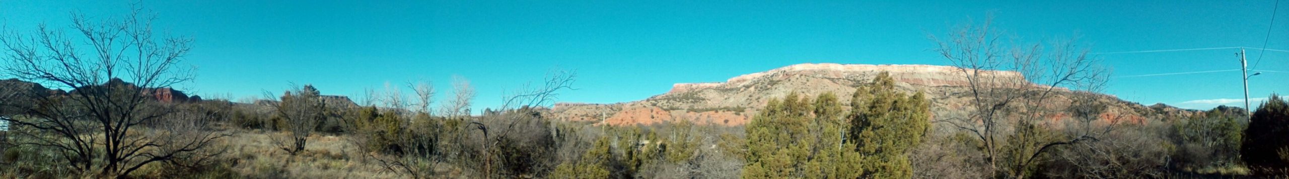 A wide panoramic view of a desert landscape featuring sparse trees and shrubs in the foreground, with a distant plateau under a clear blue sky. The plateau is characterized by reddish hues, indicative of a arid environment, and there are some utility poles visible on the right side of the image. Palo Duro Canyon mountain bike trail.