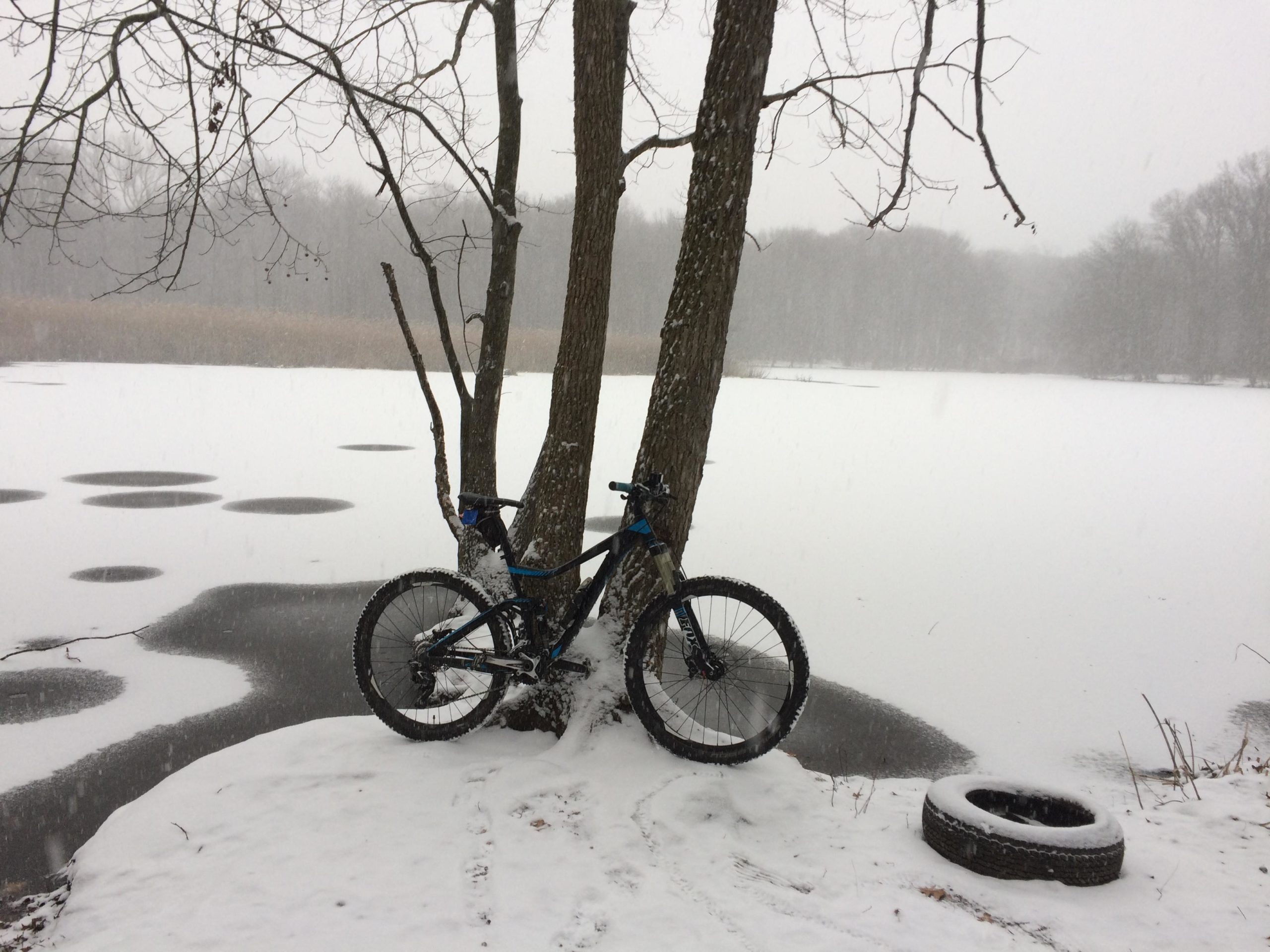 A mountain bike leans against two trees by a frozen lake, surrounded by snow falling gently. The landscape appears quiet and serene, with patches of water breaking through the ice, and a tire lying on the snowy ground. The scene captures a cold, wintry day in nature. Wolfes Pond park mountain bike trail.