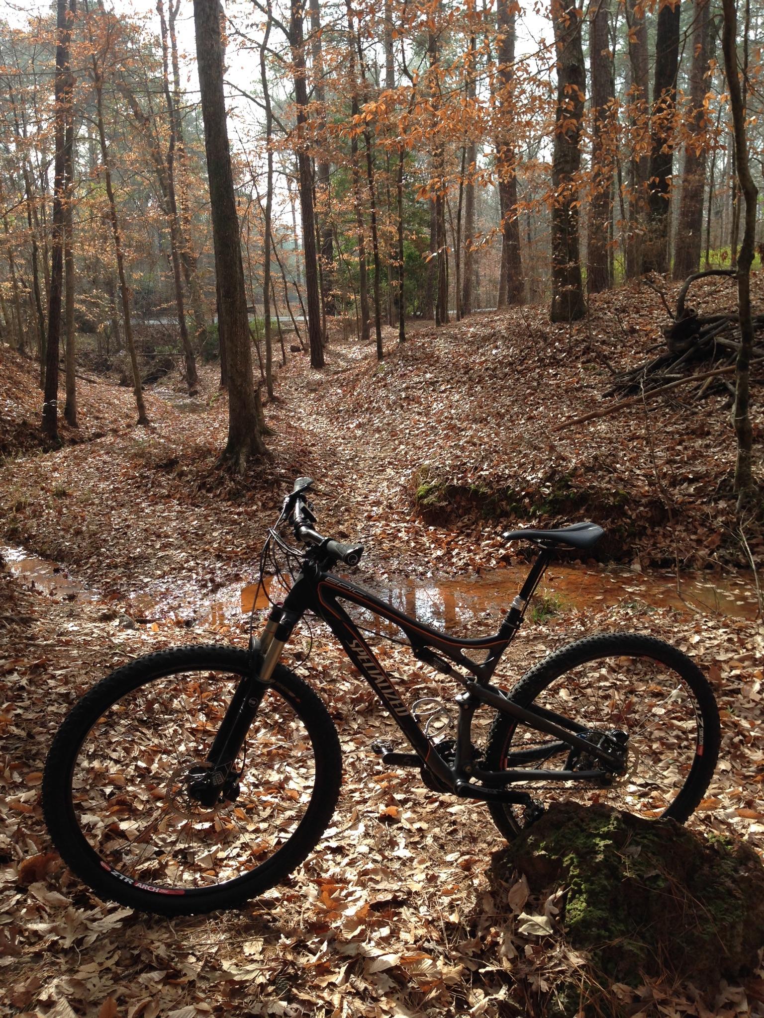A mountain bike resting on a rock in a wooded area during autumn. The ground is covered with fallen leaves, and a narrow, muddy path winds through the trees. Soft light filters through the branches, creating a serene atmosphere. Lincoln Parish Park mountain bike trail.