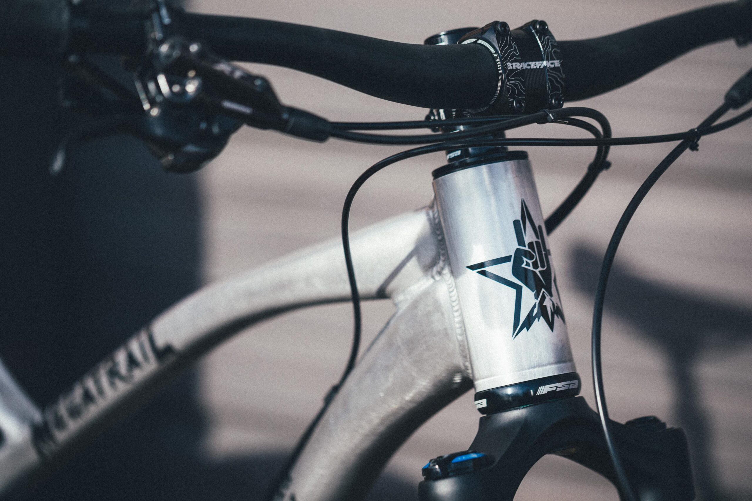 Guerrilla Gravity Megatrail: Close-up of a mountain bike handlebar and headset, featuring a sleek silver stem with a black star logo, black grips, and brake levers. The background is softly blurred, emphasizing the bike's components.