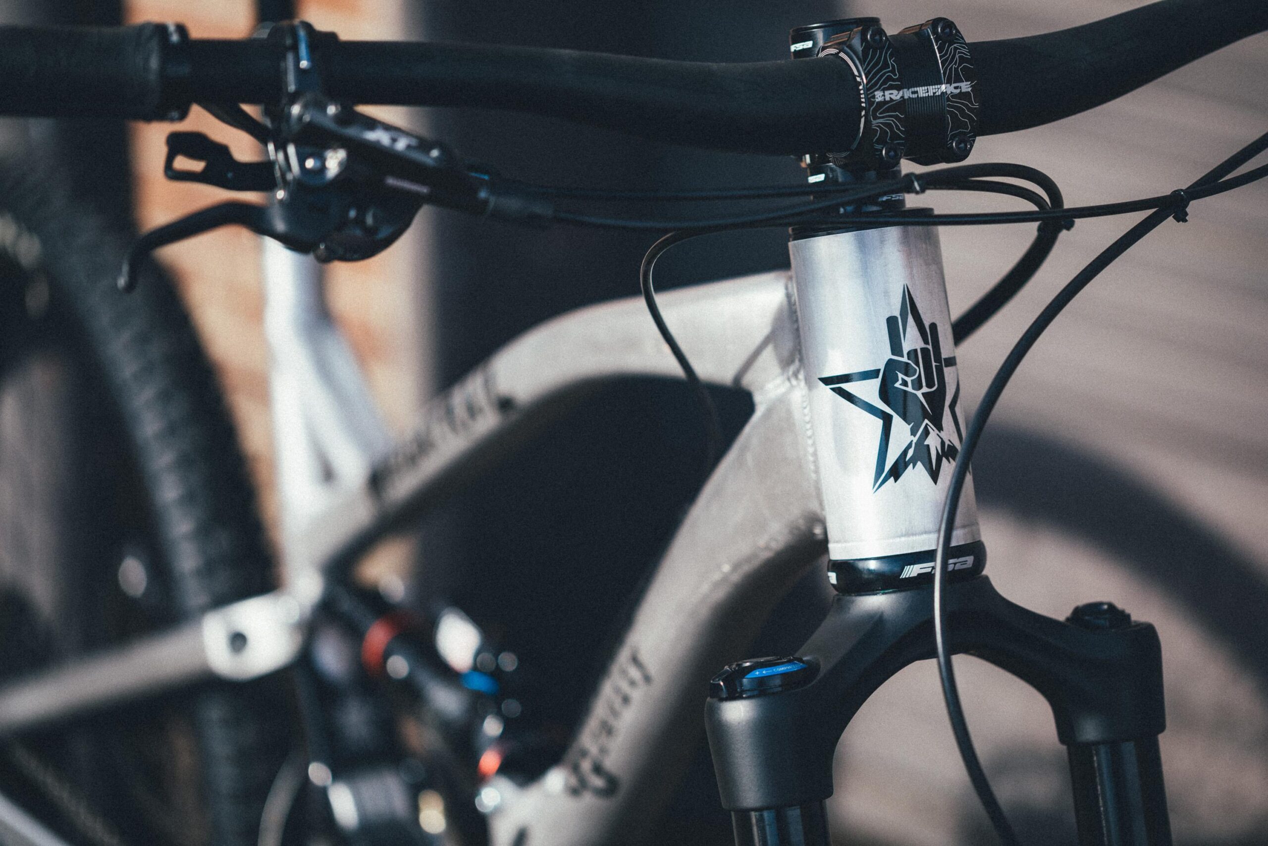 Guerrilla Gravity Megatrail: Close-up view of a mountain bike's handlebars and front fork, featuring a sleek aluminum frame with a stylized logo on the head tube. The image captures the details of the brake lever, cable, and handlebar grips, showcasing the bike's design and engineering. The background is blurred, focusing attention on the bike's components.