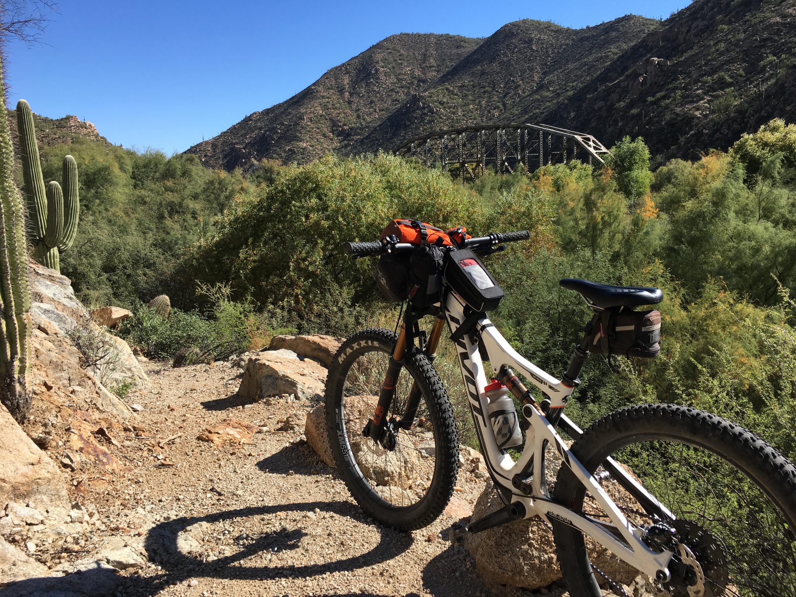 Pivot Trail 429: A mountain bike parked on a dirt trail surrounded by lush greenery and large cacti, with a mountainous landscape in the background and a metal bridge crossing over a valley. Clear blue skies are overhead, indicating a sunny day.