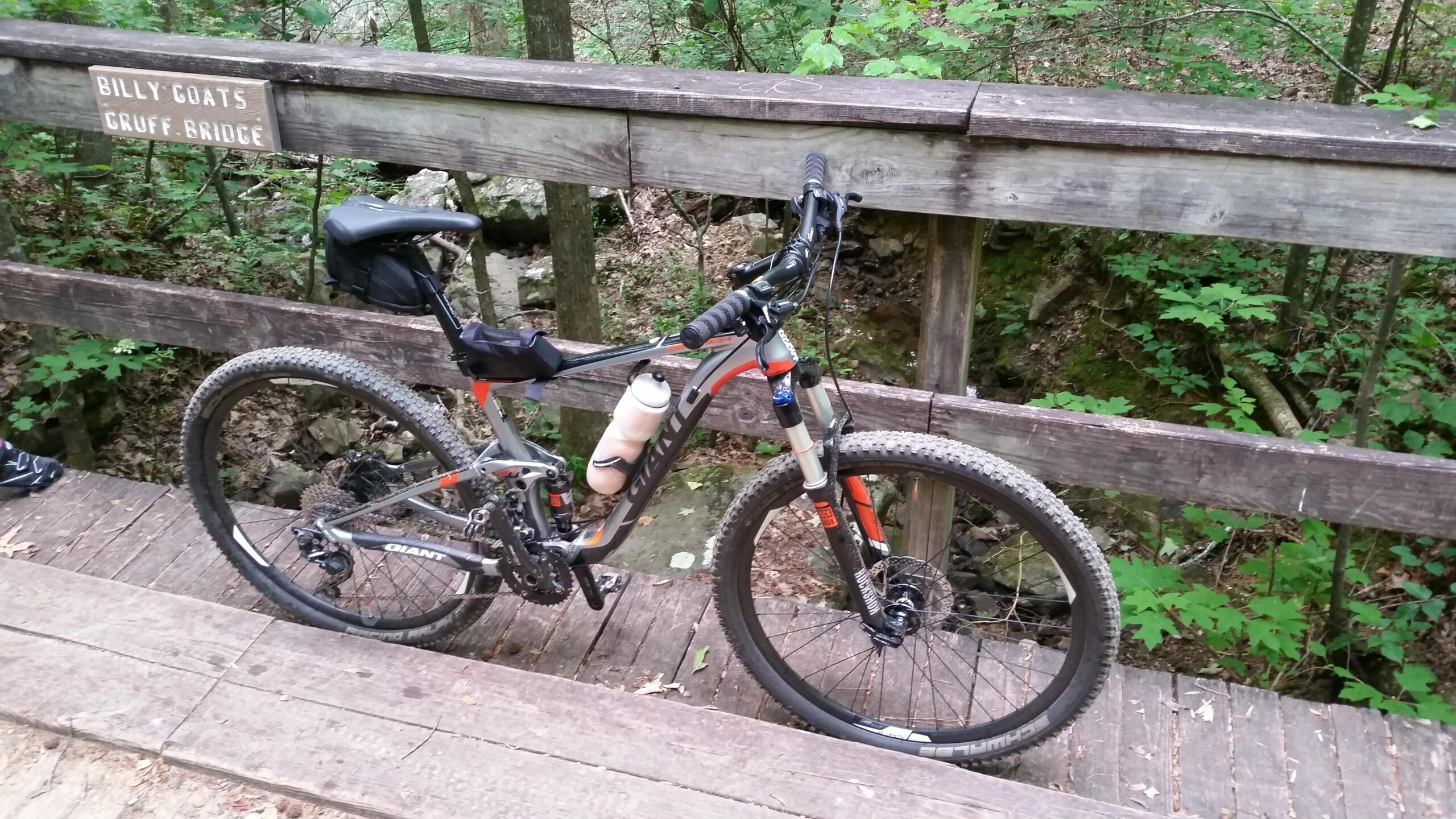 Giant Anthem 27.5 3: A mountain bike resting on a wooden bridge in a forested area, with a sign reading "Billy Goats Gruff Bridge" visible above. The bike features a water bottle attached and is surrounded by greenery and fallen leaves.