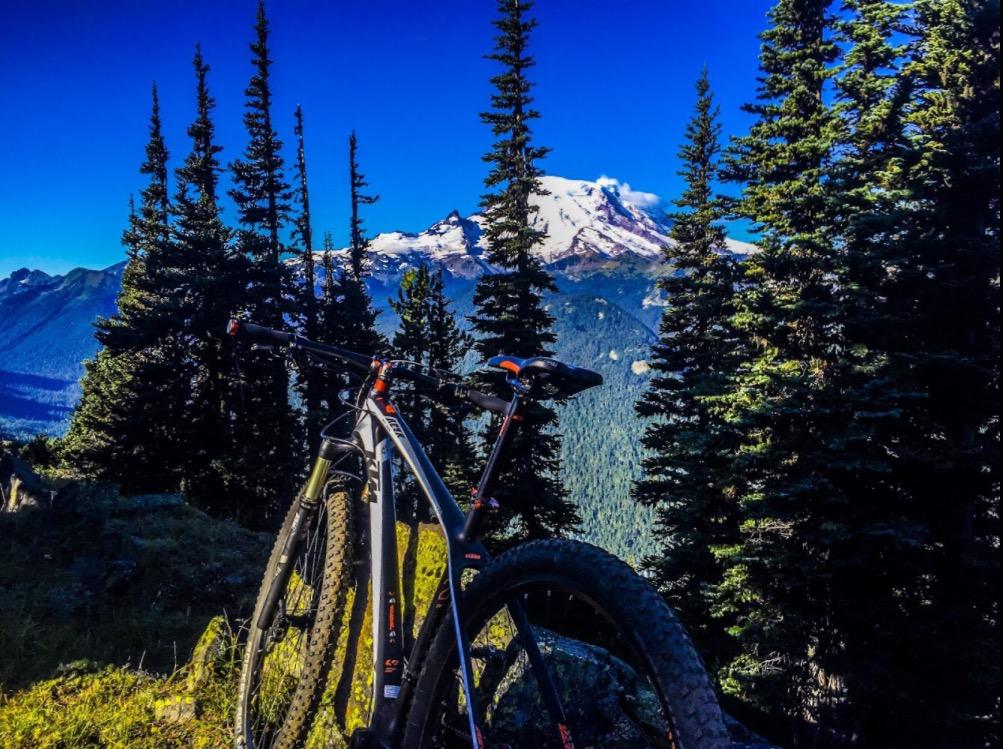 Ktm Aera Pro: A mountain bike rests on a rock overlooking a stunning landscape of evergreen trees and mountains, with a snow-capped peak in the distance under a clear blue sky.