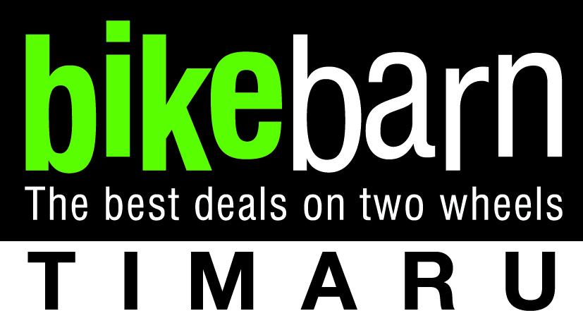 Logo of Bike Barn, featuring the name in green and white text with the slogan "The best deals on two wheels" and the location "Timaru" in bold letters, set against a black background.
