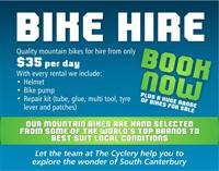 Promotional image for a bike hire service featuring text about mountain bike rentals. It includes pricing ($35 per day) and details about what's included with the rental: a helmet, bike pump, and repair kit. The text emphasizes that the mountain bikes are hand-selected from top brands suitable for local conditions, and encourages booking now to explore South Canterbury.