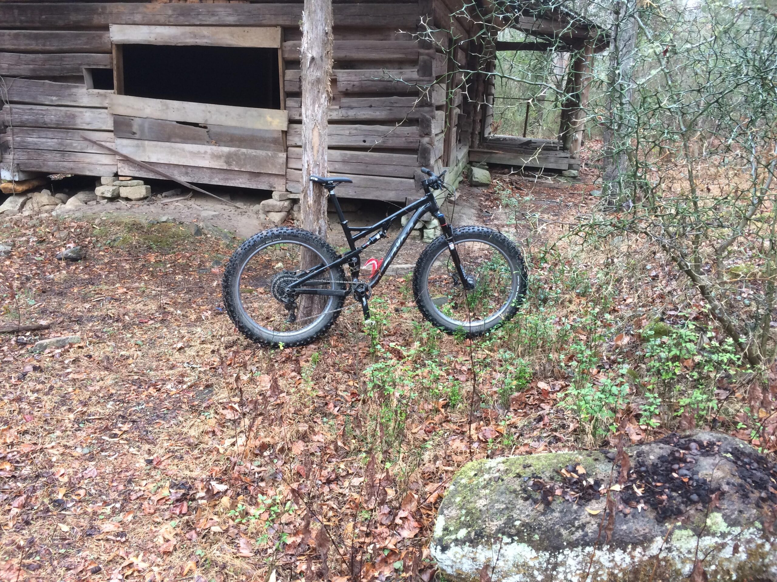 Salsa Bucksaw: A black mountain bike with thick tires is leaning against a tree in front of a weathered wooden cabin. The ground is covered with fallen leaves and sparse vegetation, and there are some stones near the cabin's foundation. The scene is set in a wooded area, suggesting a remote or rural environment.