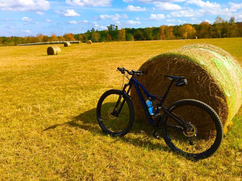 A mountain bike leaning against a round hay bale in an open field under a blue sky with fluffy clouds. In the background, several more hay bales are scattered across the landscape, and a line of trees with autumn foliage is visible on the horizon. The ground is covered in golden grass. San Felasco Hammock Preserve mountain bike trail.