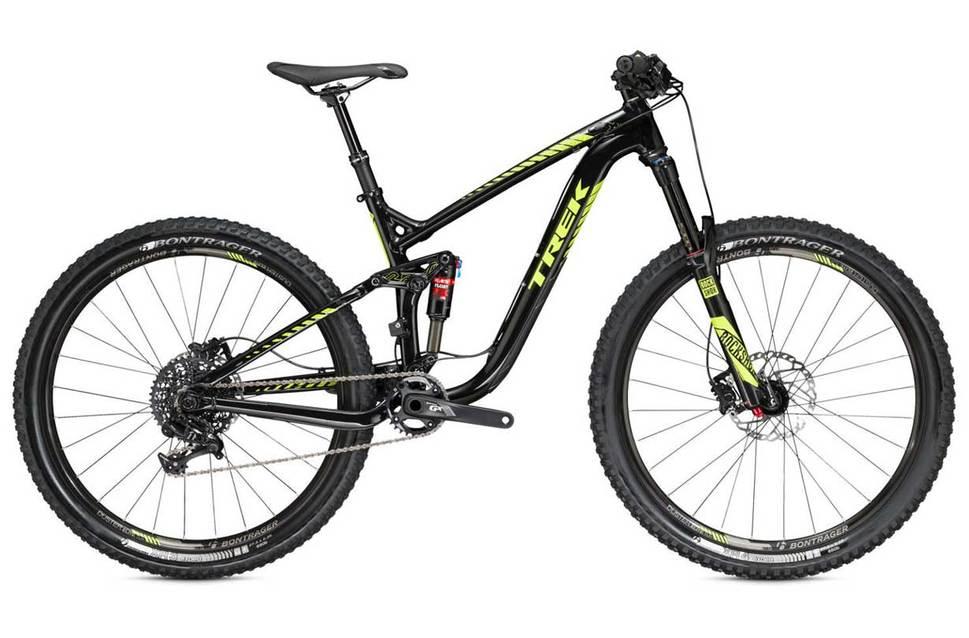 Trek Trek Remedy 8 27.5: A sleek black mountain bike with bright green accents, featuring a full suspension setup, wide tires, and a modern design. The bike is positioned at a slight angle, showcasing its frame, front fork, and rear wheel. The Bontrager tires are designed for off-road performance, making it suitable for rugged terrains.