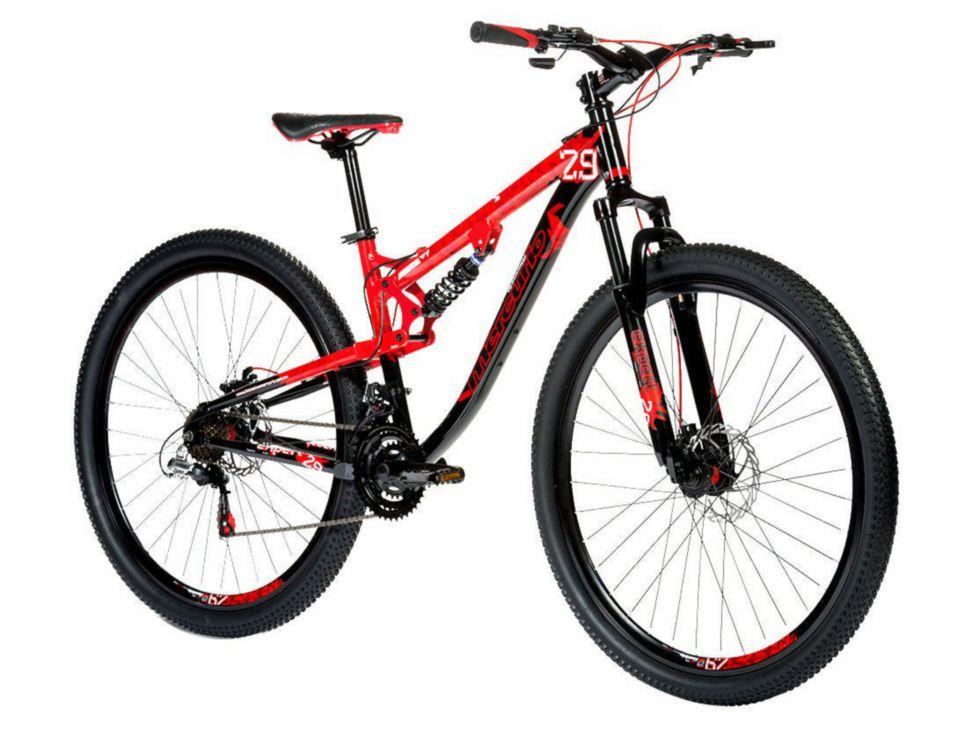 Mercurio Mercurio Expert: A brightly colored red and black mountain bike featuring a suspension frame, disc brakes, and 29-inch wheels. The bike is positioned on a white background, showcasing its sleek design and durable components.