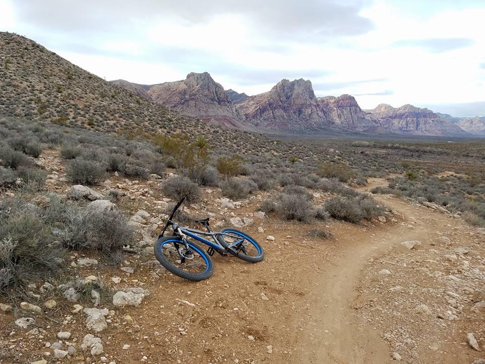 A mountain bike rests on a dirt trail surrounded by shrubs and rocky terrain, with mountainous formations in the background under a cloudy sky. Cottonwood Valley North mountain bike trail.