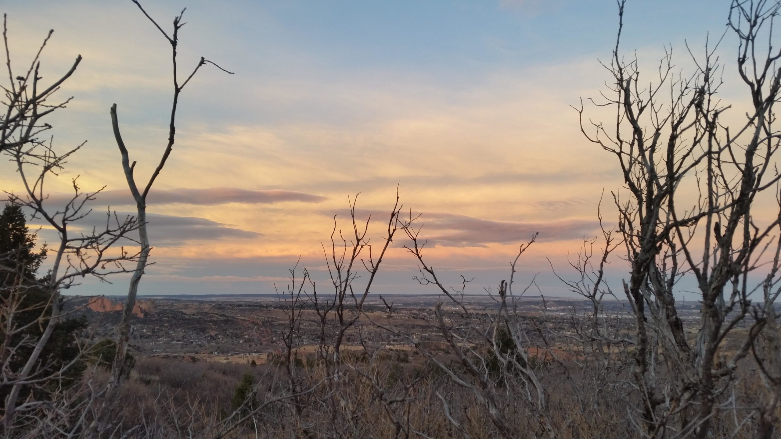 A landscape view showcasing a sunset over rolling hills, framed by bare branches in the foreground. The sky features soft pastel colors, transitioning from light blue to warm peach and lavender hues. Red Rock Canyon mountain bike trail.