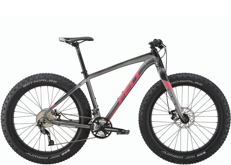 Felt DD 70: Alt text: A modern mountain bike featuring a sleek gray and pink frame, wide tires labeled "Schwalbe Jumbo Jim," and a dual suspension system, positioned at a slight angle to highlight its design.