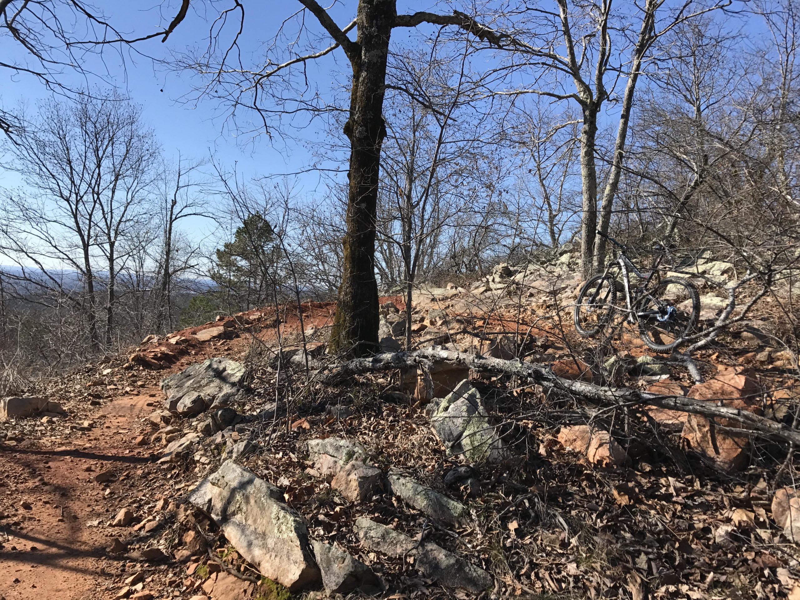 A winding dirt trail surrounded by rocky terrain and sparse trees on a clear day. A mountain bike is perched on a rocky outcrop, with fallen leaves scattered across the ground. The scene captures the rugged beauty of a mountainous outdoor area. Coldwater Mountain mountain bike trail.
