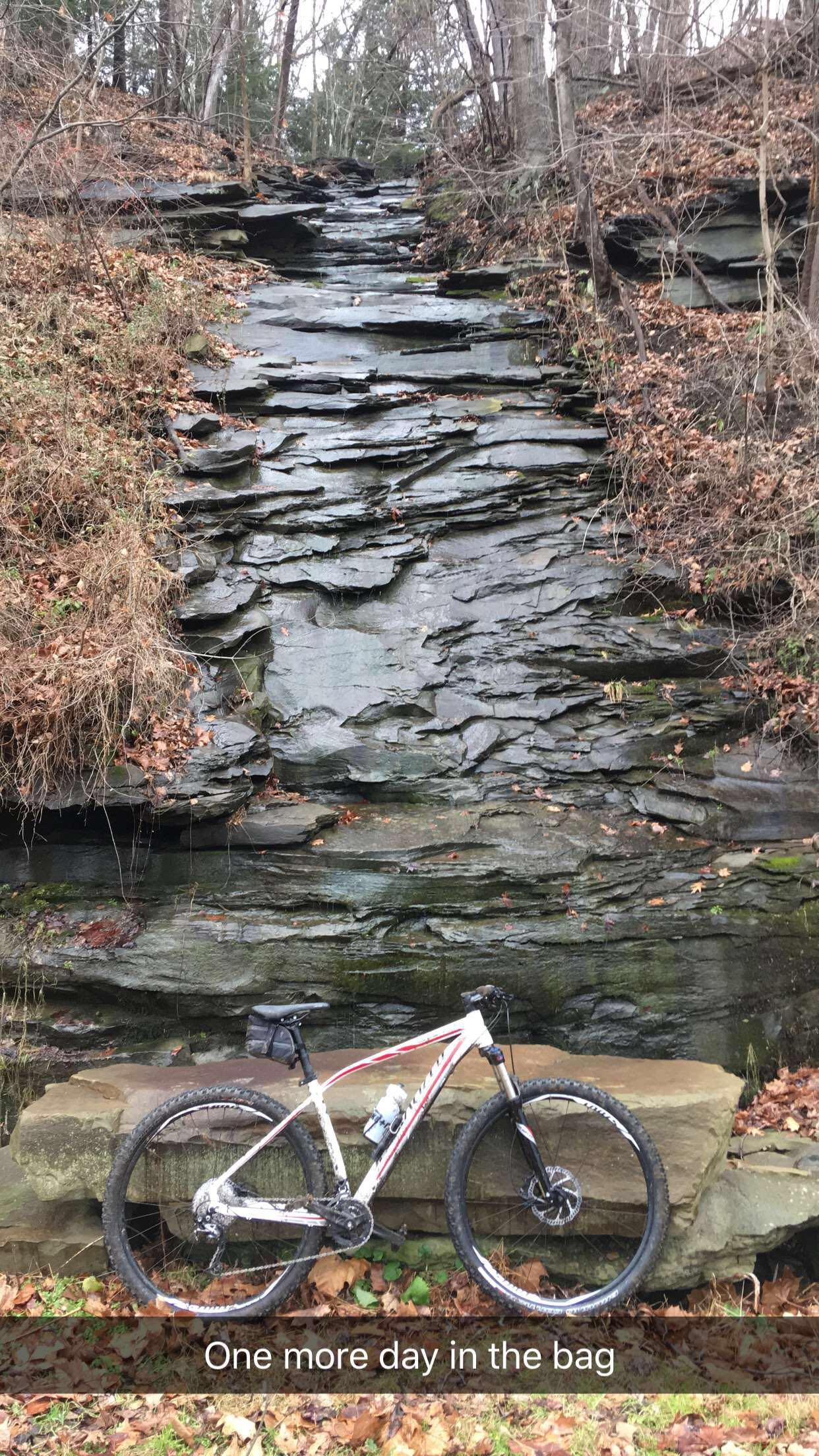 Specialized Rockhopper Comp 29: A mountain bike leaning against a rock formation in a forested area, with fallen leaves scattered on the ground. The rocky backdrop features layered stones, and there are bare trees in the surrounding landscape. A text overlay at the bottom reads, "One more day in the bag."