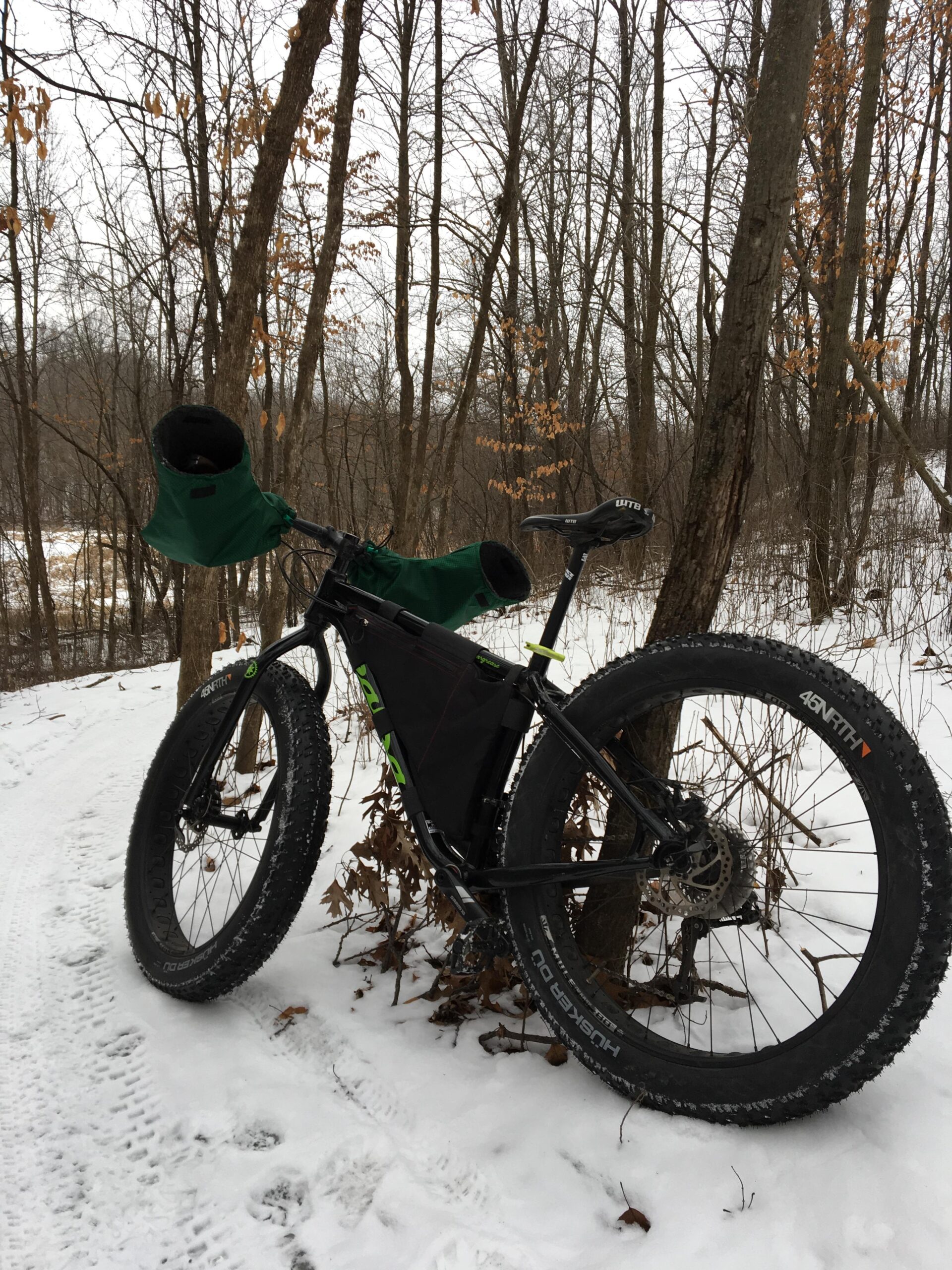 Salsa Beargrease: A fat tire bicycle leaning against a tree on a snowy forest path, with bare trees in the background. The bike is equipped with green handlebar pogies for warmer riding. Snow covers the ground, with visible tire tracks in the snow.