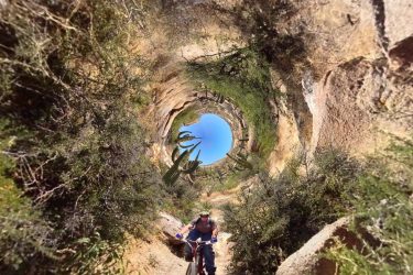 A cyclist riding through a narrow, winding trail surrounded by cacti and desert vegetation, with a clear blue sky visible overhead. The image has a spiral perspective, creating a dynamic visual effect. 50-year Trail / Golder Ranch mountain bike trail.