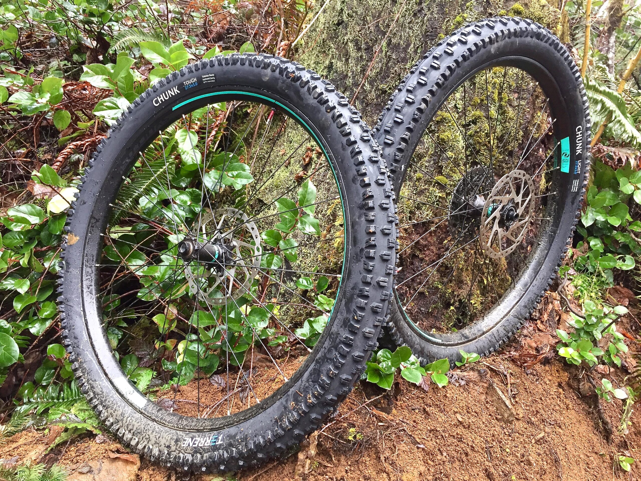 Terrene Chunk: Two mountain bike wheels positioned against a moss-covered tree in a lush forest setting. The tires are marked with "CHUNK" branding and are visibly muddy, emphasizing their use in outdoor terrain. Surrounding greenery includes leaves and ferns, highlighting the natural environment.