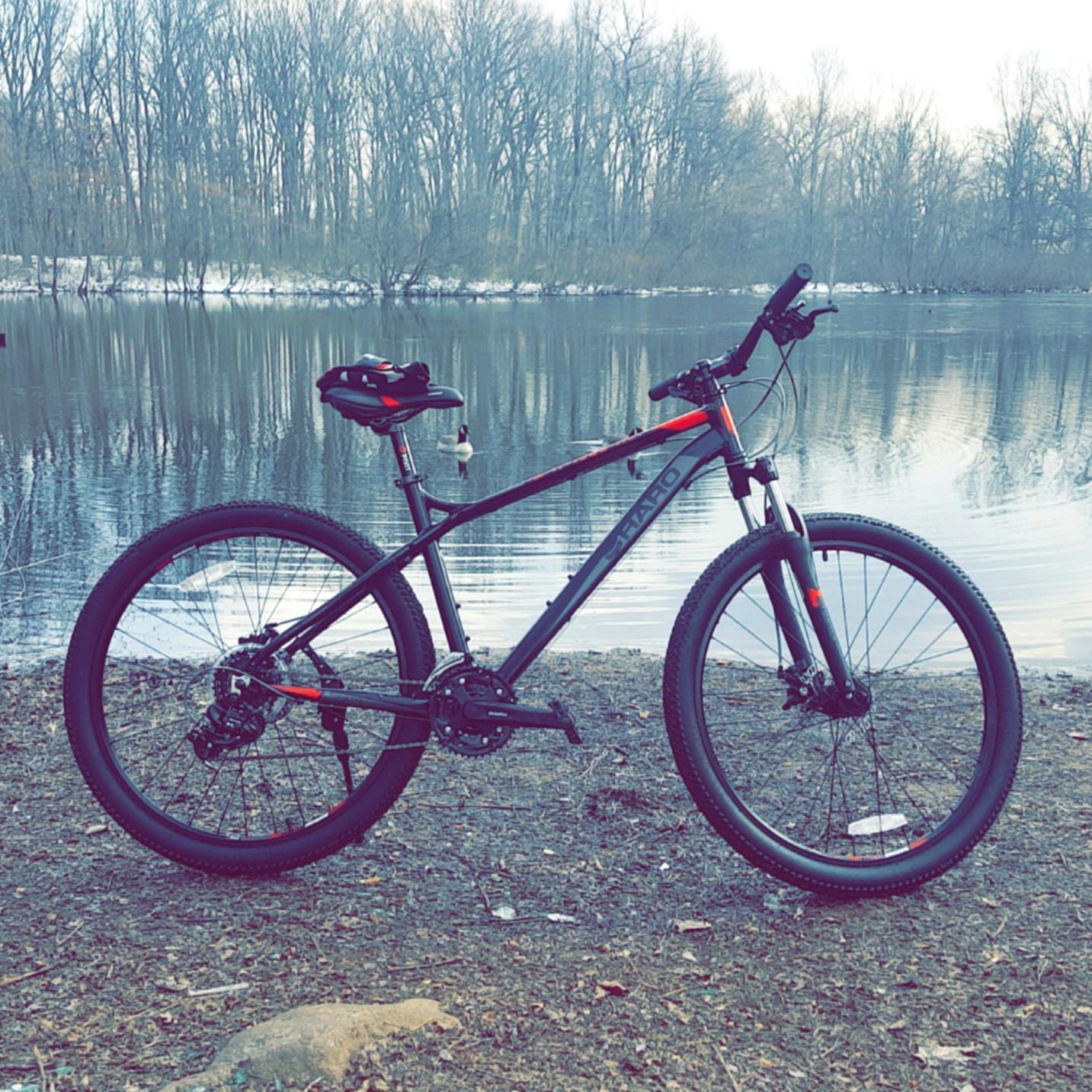 Haro Flightline Two: A black mountain bike with red accents is parked near a calm lake, surrounded by trees and snow on the ground. The bike is positioned to the left of the image, with its reflective frame and thick tires in focus, while the serene water and natural scenery create a peaceful backdrop.