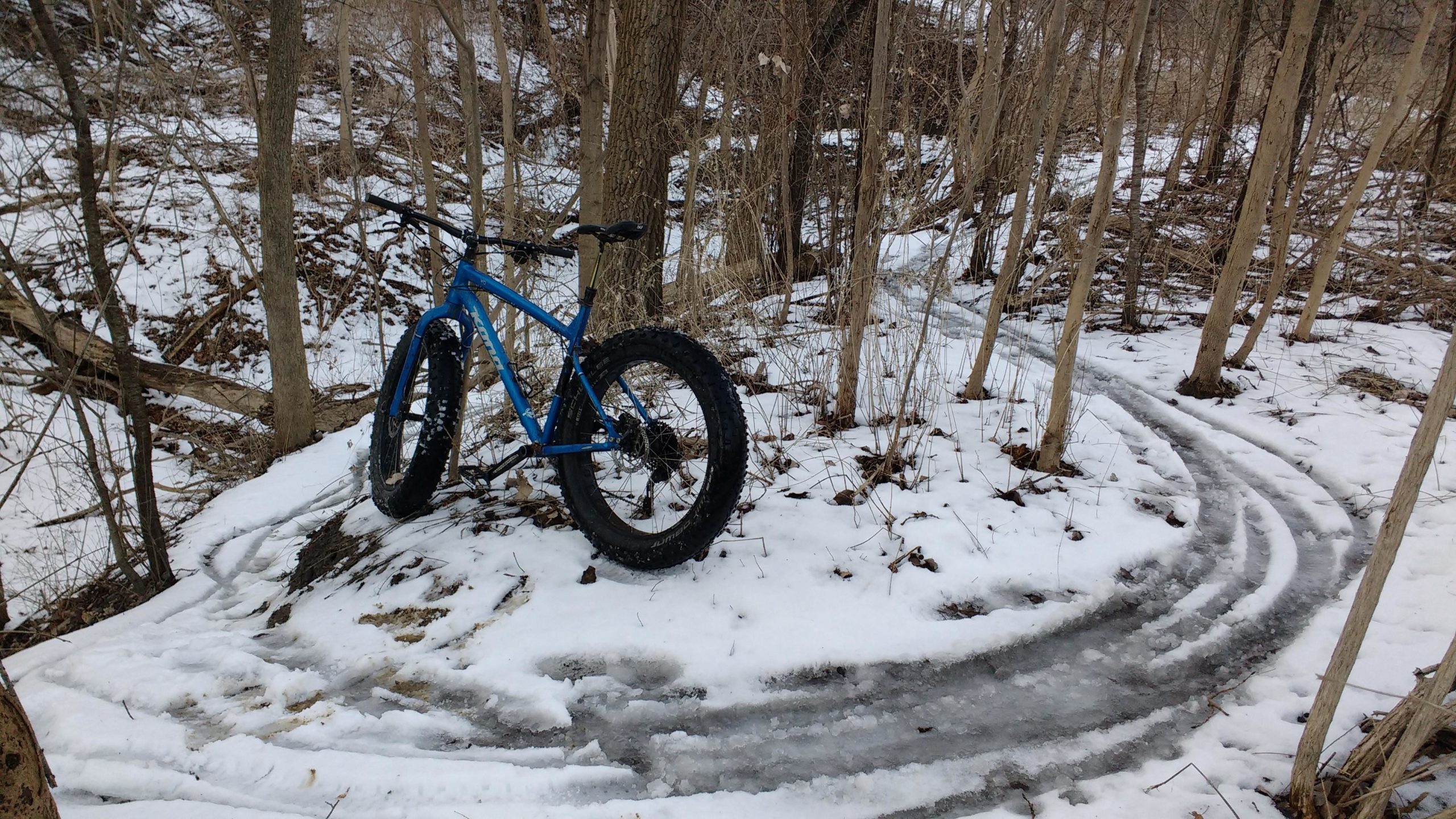 A blue fat bike parked beside a snow-covered trail winding through a forest, with patches of ice and bare ground visible among the snow and leaf litter. Don Valley mountain bike trail.