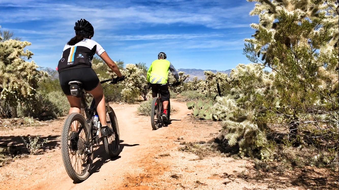 Two mountain bikers ride on a dirt trail surrounded by desert vegetation, including cacti and shrubs. The scene is set under a clear blue sky, with one cyclist in a black and white jersey and the other in a bright yellow and gray outfit. The trail winds through a natural landscape, emphasizing a sense of adventure and outdoor activity. Fantasy Island mountain bike trail.