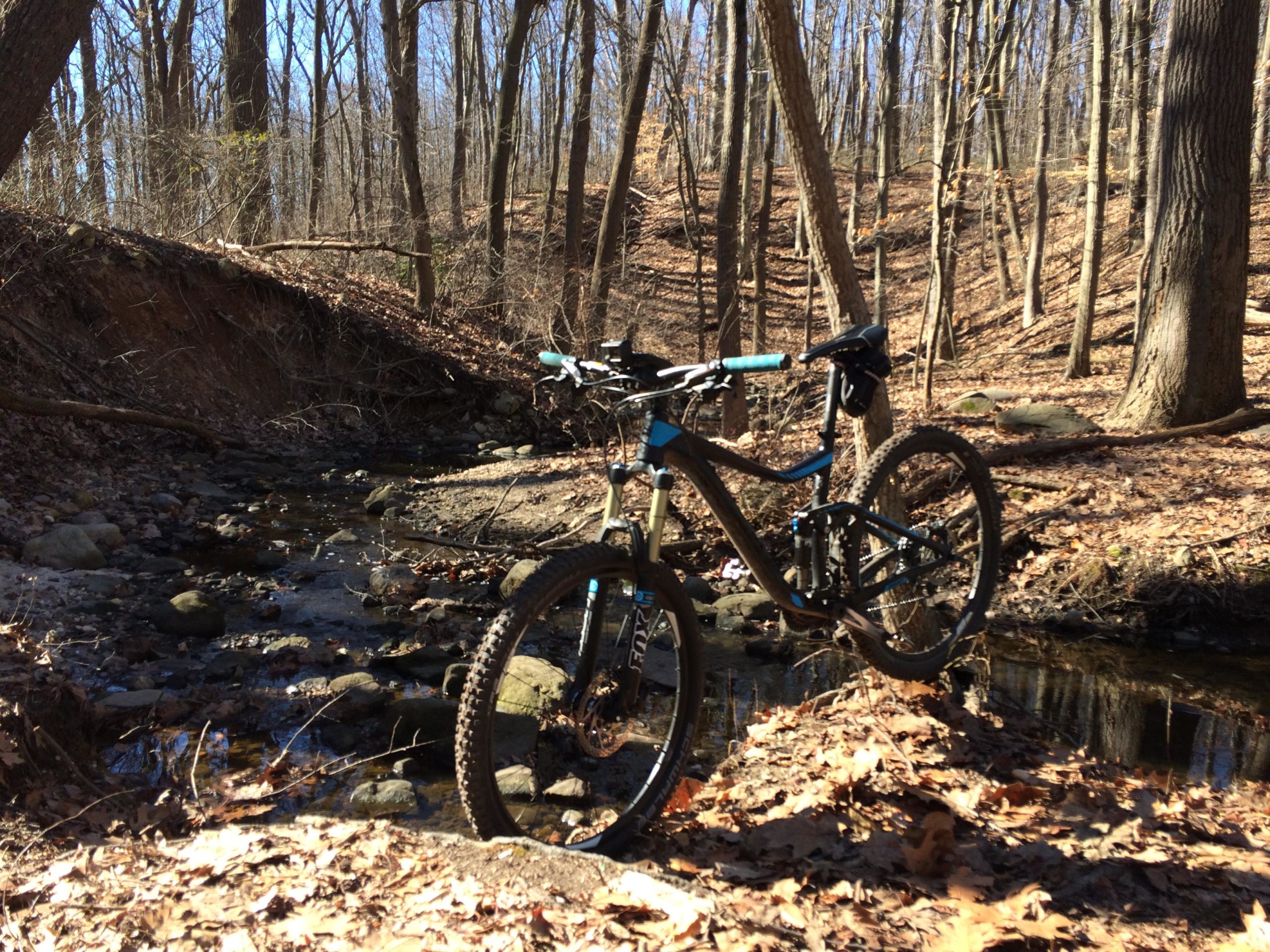 Mountain bike leaning against a rock near a small creek in a wooded area with bare trees and fallen leaves on the ground. Wolfes Pond park mountain bike trail.
