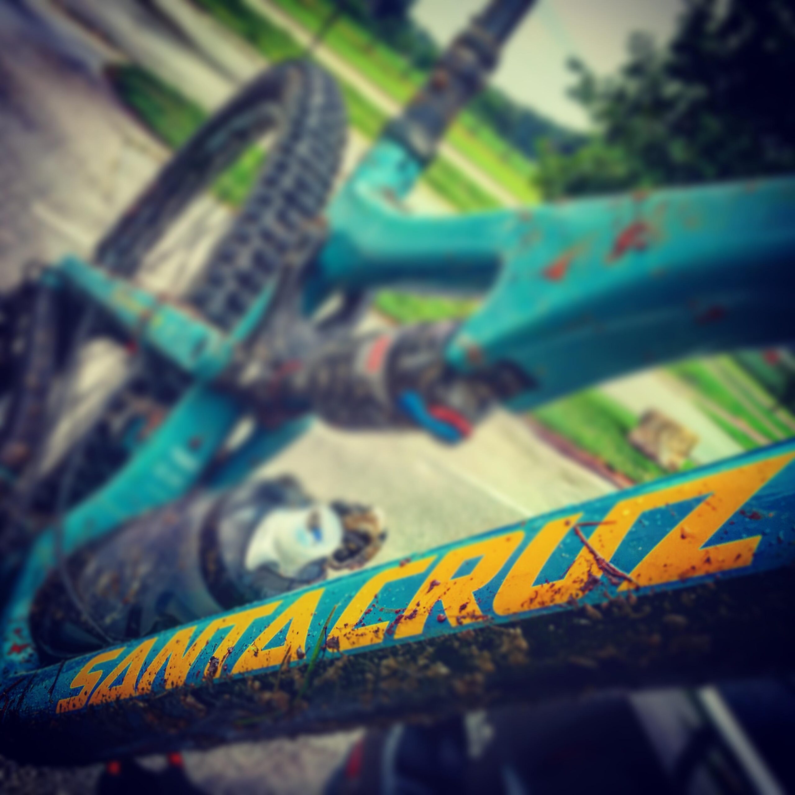 Santa Cruz Bronson: A close-up shot of a mountain bike frame with a prominent yellow "Santa Cruz" logo. The bike shows signs of use, with dirt and mud splattered across its teal-colored frame. In the background, blurred greenery and a paved surface are visible, suggesting an outdoor setting.